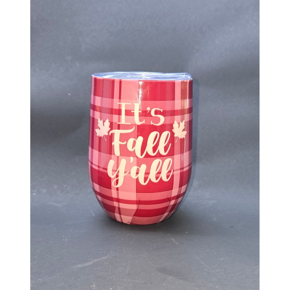 Maurices Its Fall Yall Red Plaid Insulated Wine Tumbler with Lid Travel Cup